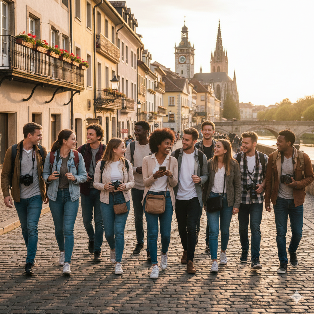 Group of participants exploring a historic European town